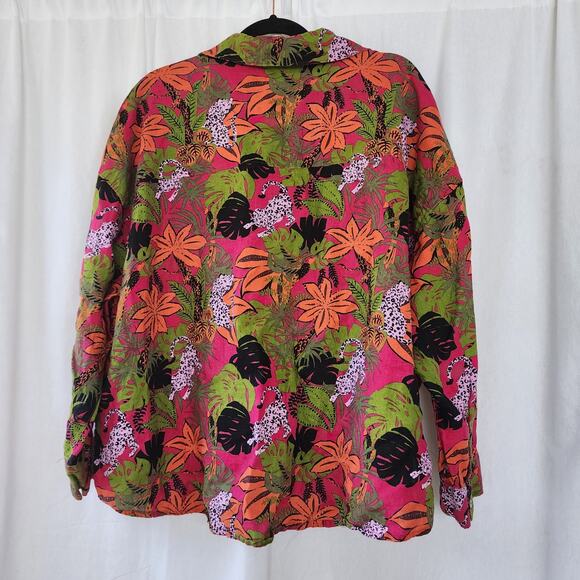 C&C California 100% linen button down shirt blouse magenta tropical print 2X new - Picture 2 of 8